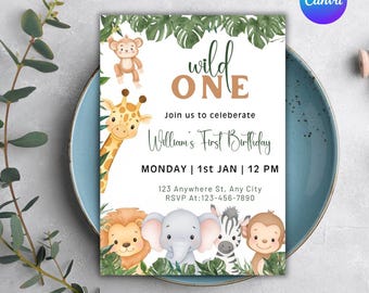 Safari Birthday Invitation, Wild One Birthday Invitation, 1st Birthday Digital Invite, Jungle First Birthday Invite, Canva Template