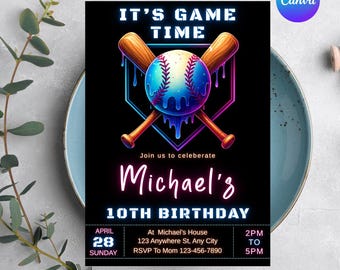 Baseball Birthday Invitation, Baseball Ice Cream Neon Party, Sports Birthday Invite, Editable Canva Template, Instant Download