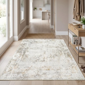 Washable Beige Abstract Rug, Modern Neutral Carpet, Soft Non Slip Floor Mat For Hallway Kitchen Bedroom Decor
