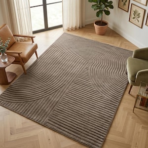 Brown Geometric Area Rug, Modern High Low 3D Line Carpet, Soft Short Pile Rug for Living Room Bedroom