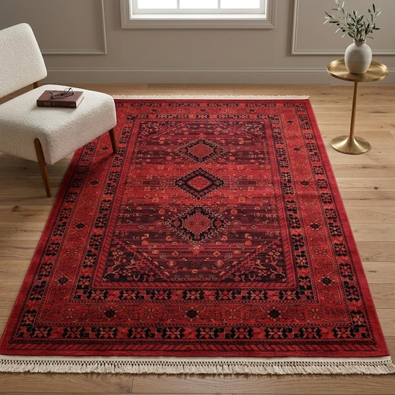 Red Black Traditional Area Rug, Persian Style Carpet, Flat Woven Stain Resistant Floor Mat For Living Room Bedroom Decor, Made/Shipped USA