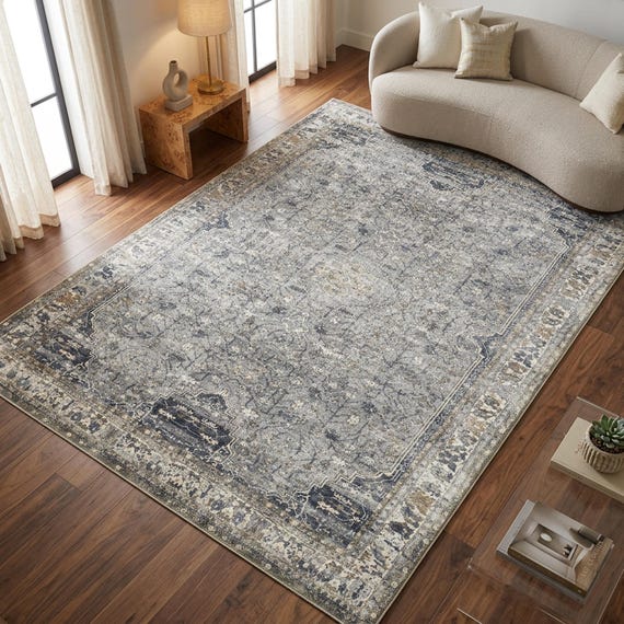 Grey Green Vintage Area Rug, Moroccan Style Carpet, Washable Non Slip Low Pile Floor Mat For Living Room Bedroom Decor, USA Made/Shipped