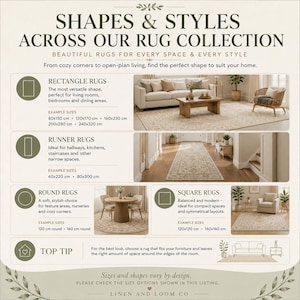 May include: An informational graphic titled SHAPES & STYLES ACROSS OUR RUG COLLECTION. It displays four rug categories: rectangle, runner, round, and square, each with descriptive text, example sizes in cm, and interior photos showing the rugs in use.