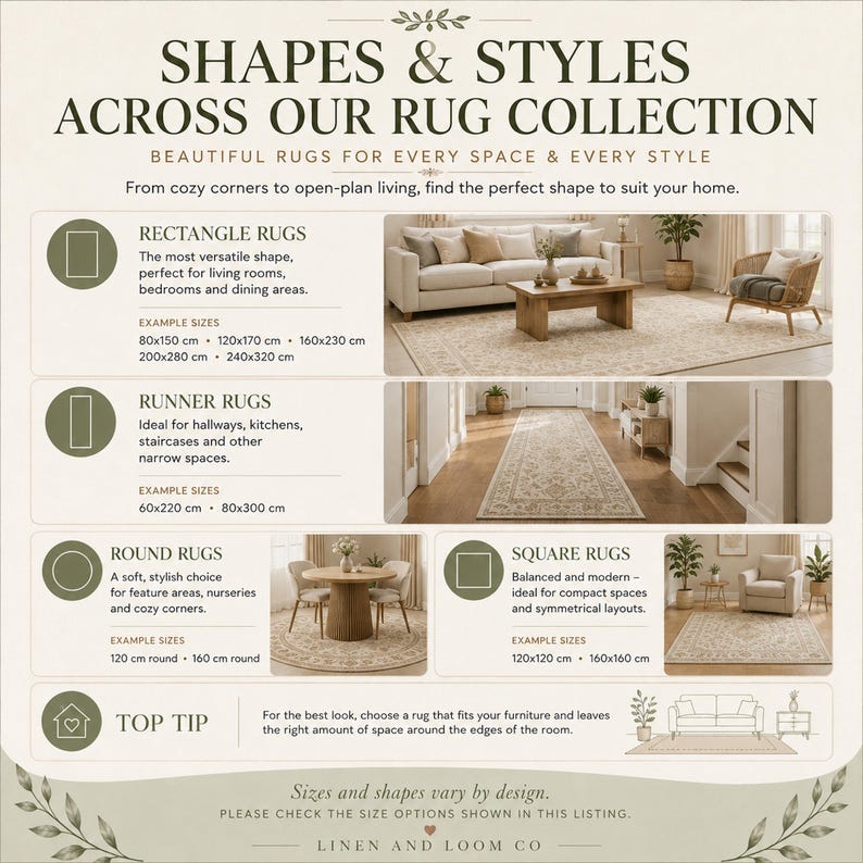 May include: An informational graphic titled SHAPES & STYLES ACROSS OUR RUG COLLECTION. It displays four rug categories: rectangle, runner, round, and square, each with descriptive text, example sizes in cm, and interior photos showing the rugs in use.