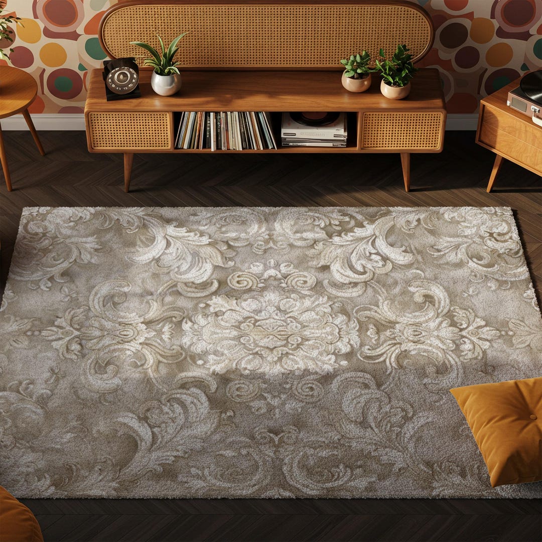 Ornate Area Rug, Vintage Baroque Scroll Pattern, Gold Damask Motif ...
