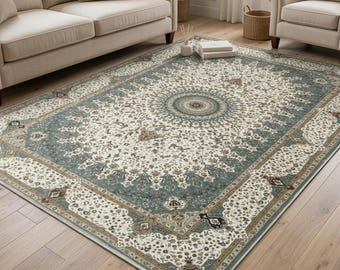 Washable Teal Area Rug, Vintage Willow Carpet, Soft Short Pile Non Slip Floor Mat For Lounge Bedroom Hallway