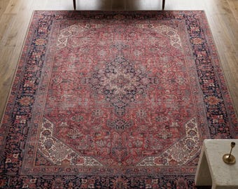 Crimson Red Vintage Area Rug, Traditional Medallion Carpet, Washable Non Slip Short Pile Floor Mat For Living Room Bedroom Decor