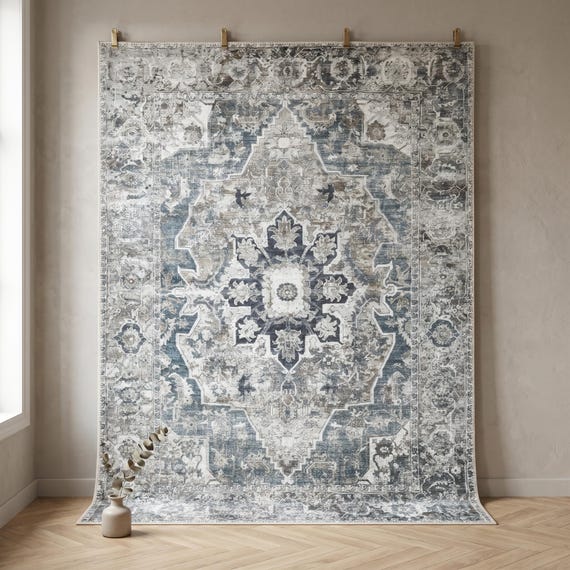 Off White Grey Vintage Area Rug, Moroccan Style Carpet, Washable Non Slip Low Pile Floor Mat For Living Room Bedroom Decor, Made/Shipped USA