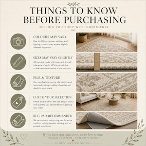 May include: An informational graphic titled THINGS TO KNOW BEFORE PURCHASING with five sections detailing rug characteristics: color variation, size tolerance with a ruler shown, pile texture, order verification, and a recommendation for a rug pad.