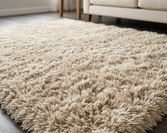 Soft Beige Shaggy Area Rug, Fluffy Faux Fur Floor Carpet, Non Slip Living Room Bedroom Nursery Plush Modern Home Decor