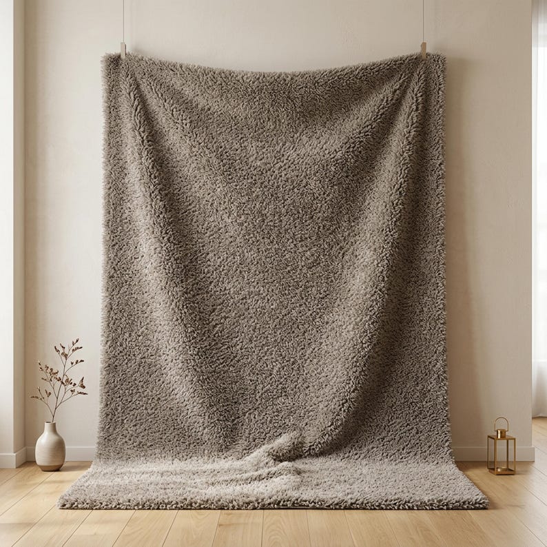 May include: A large, rectangular, taupe-colored faux fur throw blanket with a thick, shaggy, and textured pile. The blanket is suspended from the top edge, draping downward to cover the floor surface with soft, voluminous folds and ripples.