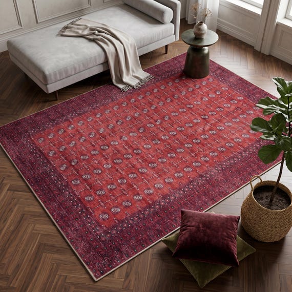 Red Burgundy Vintage Area Rug, Moroccan Style Carpet, Washable Non Slip Low Pile Floor Mat For Living Room Bedroom Decor, Made/Shipped USA