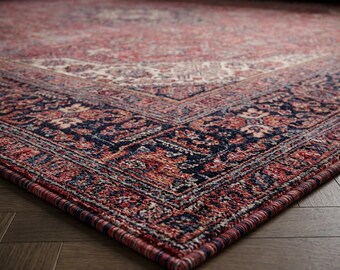 Washable Crimson Red Rug, Traditional Medallion Carpet, Soft Non Slip Short Pile Mat For Hallway Kitchen Bedroom Decor