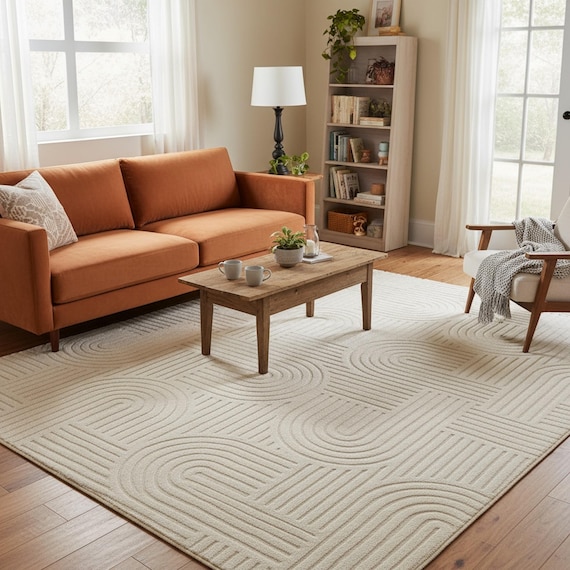 Machine-Washable Cream High-Pile Area Rug – Soft Plush Non-Slip Carpet for Living Room or Bedroom, Modern Neutral Home Decor