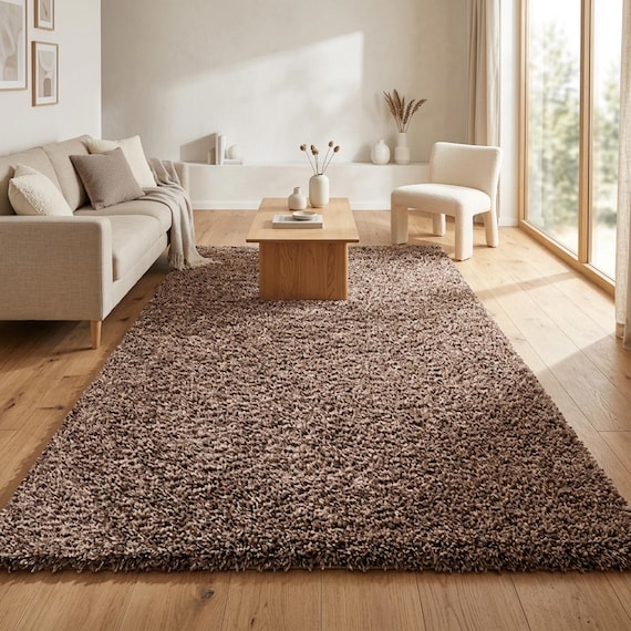 Taupe Shaggy Area Rug, Extra Thick 5cm Pile Carpet, Soft Plain Modern Floor Mat For Living Room Bedroom Decor