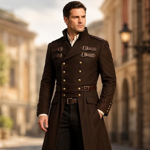 Herrbrun steampunkkappa, viktoriansk gotisk trenchcoat, lajvkappa