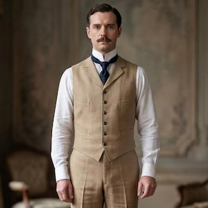 Chaleco vintage para hombre, de estilo eduardiano, de mezcla de lino, estilo rústico, para boda.