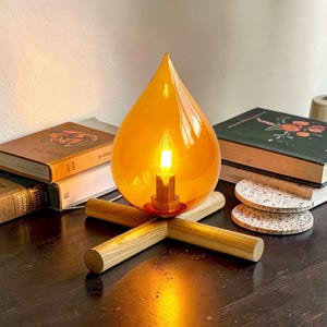 Retro Campfire Table Lamp, Orange Glass Shade, Wooden Base, Cozy Ambient Night Light