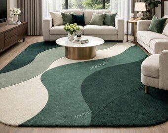 Getuft wollen vloerkleed, abstract golfontwerp, groene saliecrème, zacht minimalistisch huis