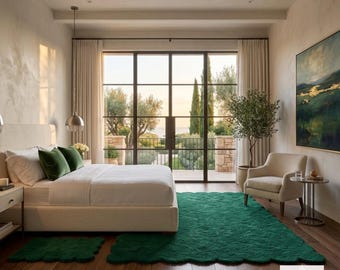 Handgemaakt smaragdgroen wollen vloerkleed met geschulpte rand, modern minimalistisch vloerkleed (op maat gemaakt)