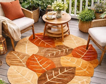 Organic Leaf designe Hand Tufted Wool Carpet in Warm Autumn Tones