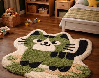 Hand-Tufted Wool Cat Rug  Green Kitty Décor gift for your children