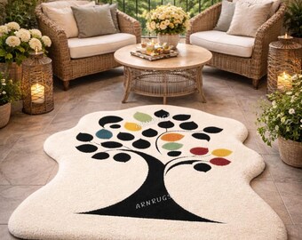 Handgetuft levensboom wollen vloerkleed onregelmatig abstract aangepaste maten