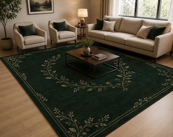 Dark Green Botanical Area Rug, Emerald Living Room Carpet, Modern Floral Design