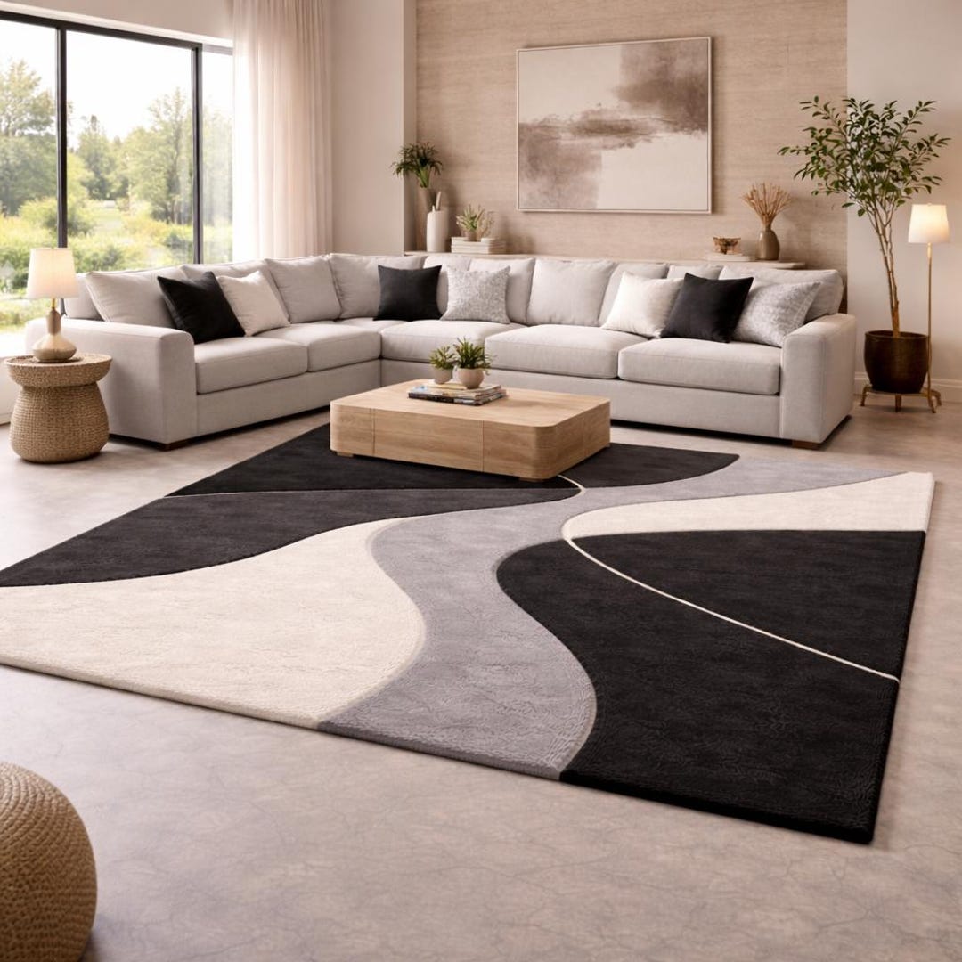 Modern Tufted Area Rug – Black Cream Abstract Carpet – Luxury Living ...