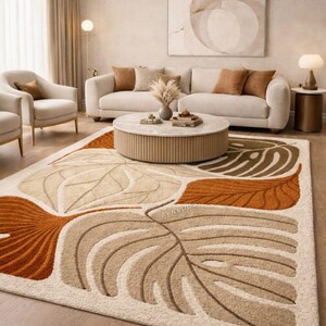 May include: A large rug featuring a leaf pattern in beige, brown, and orange tones. The rug is in a living room with a cream-colored sofa, armchairs, and a circular coffee table. The room has a neutral colour scheme.