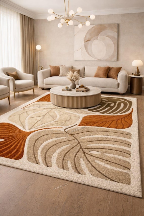 Abstract Leaf Wool Hand-Tufted Rug luxury Area custom size