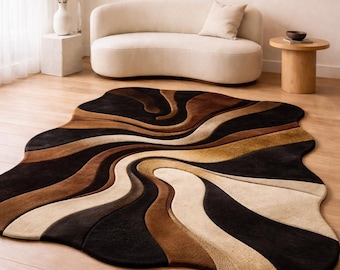 Modern Abstract Tufted Rug, Irregular Shape Carpet, Brown Beige Black