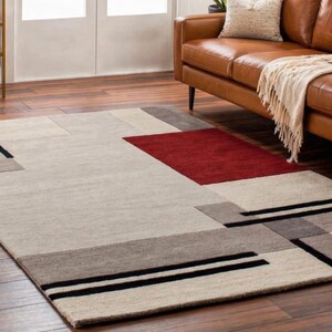 Modern Geometric Area Rug, Handmade Tufted Carpet, Beige Red Black Abstract Rug, image 1