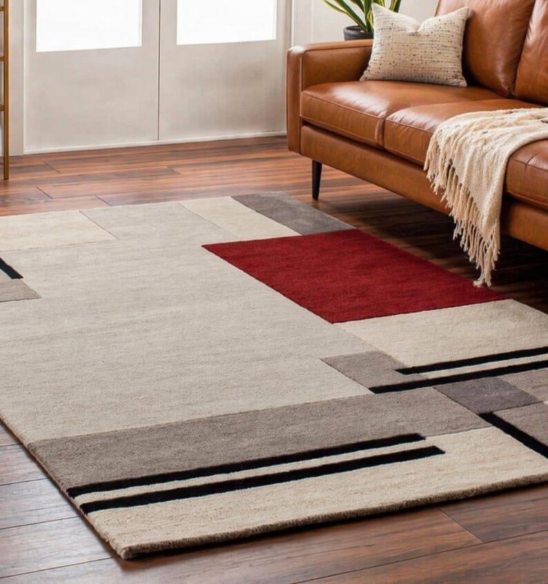 Modern Geometric Area Rug, Handmade Tufted Carpet, Beige Red Black Abstract Rug, image 1