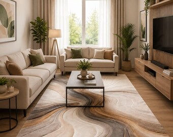Abstract modern vloerkleed, beigebruin tapijt met golfpatroon, neutraal woonkamertapijt,