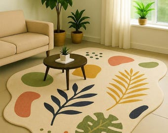 Onregelmatig getuft tapijt, abstract bladtapijt, modern botanisch vloerkleed