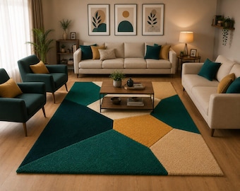 Modern geometrisch vloerkleed, blauwgroen crème mosterd vloerkleed,