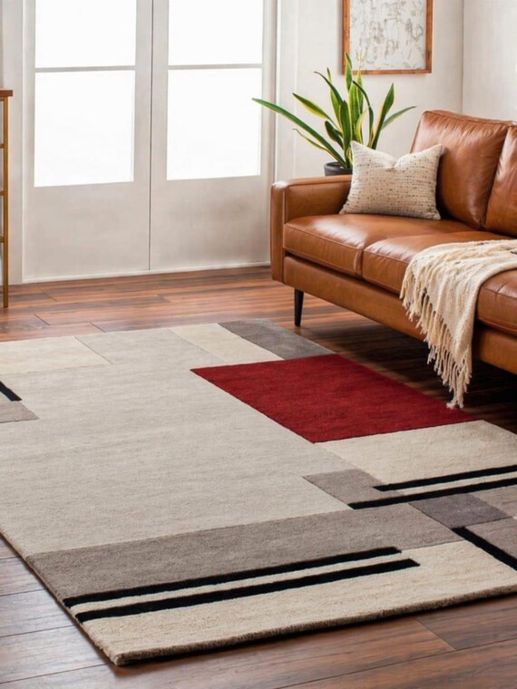 Modern Geometric Area Rug, Handmade Tufted Carpet, Beige Red Black Abstract Rug,