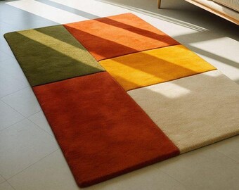 Handgetuft geometrisch vloerkleed, modern wollen vloerkleed met kleurblokken.