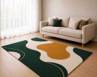 Modern abstract groen crème mosterd getuft vloerkleed,