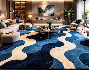 Modern abstract blauw tapijt getuft wol golvend ontwerp handgemaakt interieur