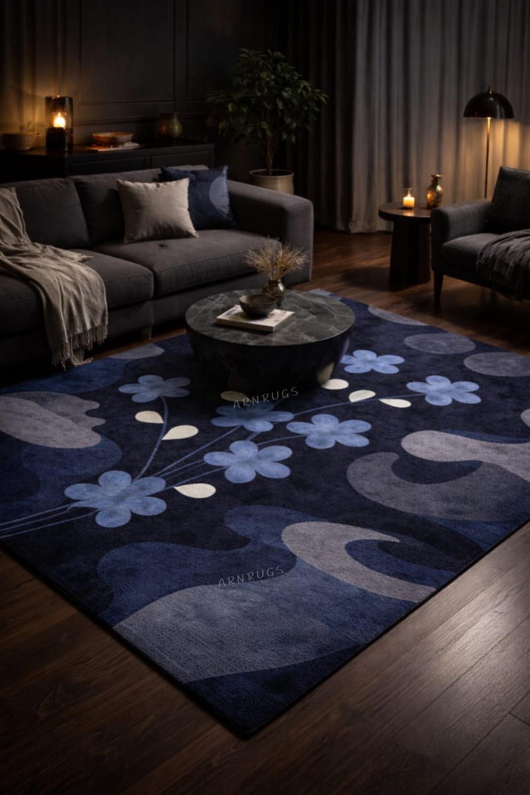 Hand Tufted Wool Blue Floral Rug Dark Tone Area Customizble - Etsy