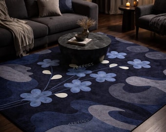 Hand Tufted Wool Blue Floral Rug Dark Tone Area customizble