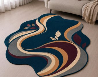 Modern abstract getuft tapijt, tapijt met onregelmatige vorm, blauw gegolfd vloerkleed,