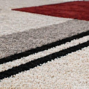 May include: Close-up of a geometric patterned rug. The rug features a cream, gray, and burgundy color scheme with black stripes. The design includes a burgundy triangle and two black parallel lines.