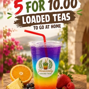May include: A vibrant, layered drink in a clear plastic cup with a red straw. The drink is rainbow-coloured, with a logo that says "Heavenly Loaded Teas." The image also includes an orange slice, pineapple, blueberries, strawberries, and raspberries.