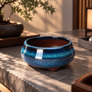Peut inclure: Un pot en céramique rond présentant un glaçage dégradé bleu et sarcelle avec une texture mouchetée. Le bol possède une large ouverture, un extérieur incurvé lisse et une finition intérieure brun foncé, reposant sur de petits pieds discrets.