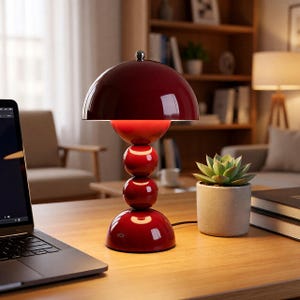Può includere: Una lampada da tavolo rosso lucido con un paralume a cupola e una base composta da tre elementi sferici impilati. La lampada presenta una finitura liscia e riflettente con un piccolo pomello metallico sulla sommità della cupola.