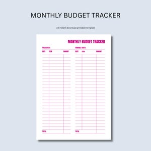 Puede incluir: Una plantilla imprimible de seguimiento de presupuesto mensual con un encabezado rosa y líneas de cuadrícula. La plantilla incluye secciones para costos fijos y variables, con espacios para fecha, artículo e importe. El texto "MONTHLY BUDGET TRACKER" está en la parte superior.