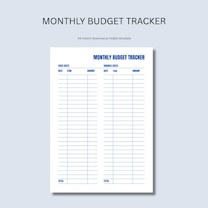 Planificador de presupuesto mensual imprimible, planificador de finanzas personales minimalista, gastos fijos y variables.